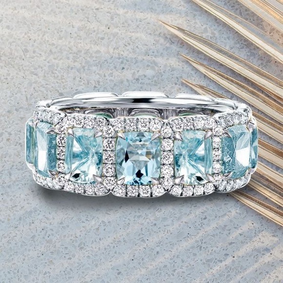 Aquamarine Ring Cushion Cut Eternity Wedding Band For Women 925 Sterling Silver - Picture 4 of 9